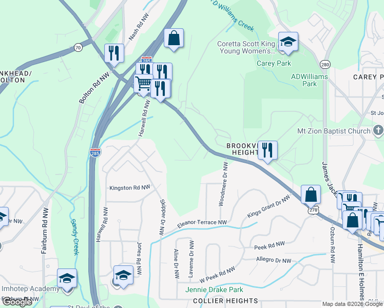 map of restaurants, bars, coffee shops, grocery stores, and more near 3055 Azlee Place Northwest in Atlanta