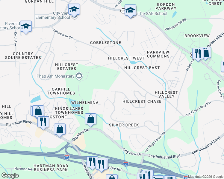 map of restaurants, bars, coffee shops, grocery stores, and more near 304 Alderman Trace Southwest in Austell