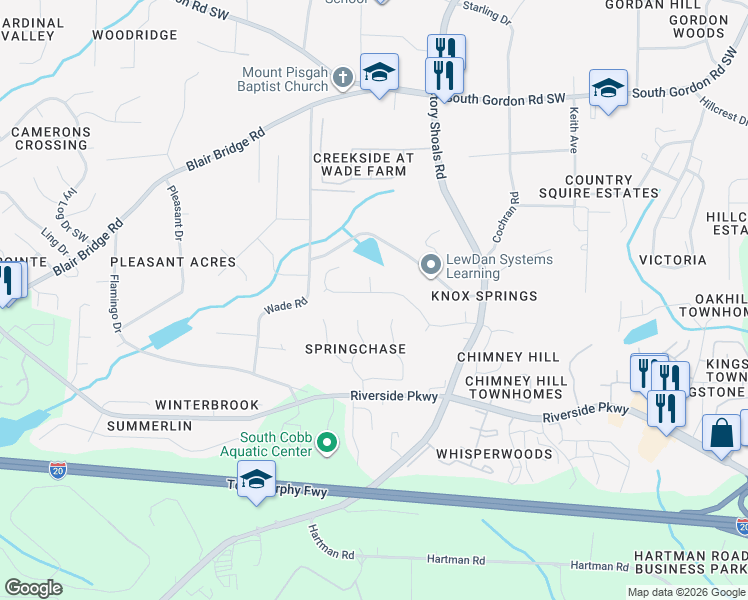 map of restaurants, bars, coffee shops, grocery stores, and more near 6964 Chasewater Lane in Austell
