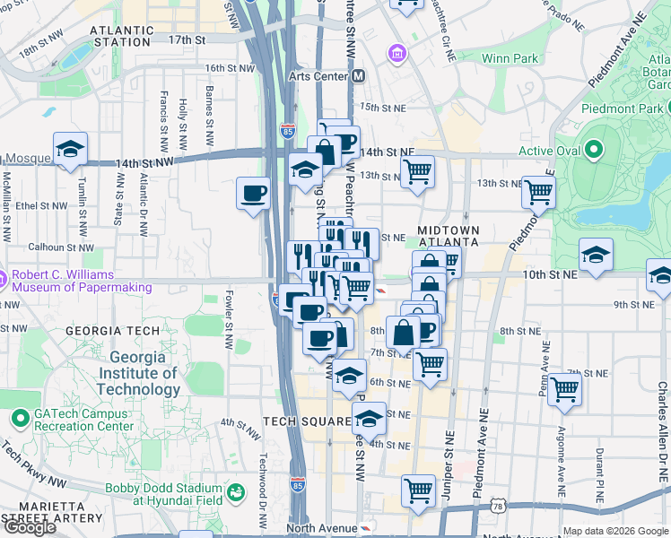 map of restaurants, bars, coffee shops, grocery stores, and more near 1010 West Peachtree Street Northwest in Atlanta