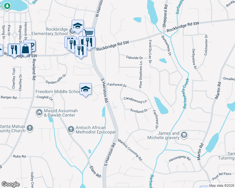 map of restaurants, bars, coffee shops, grocery stores, and more near 553 Candlewood Drive in Stone Mountain