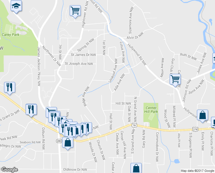map of restaurants, bars, coffee shops, grocery stores, and more near 998 Lookout Avenue Northwest in Atlanta