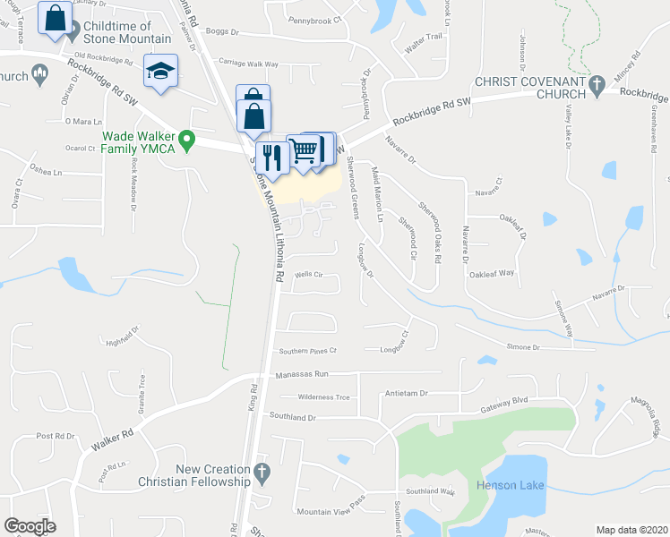map of restaurants, bars, coffee shops, grocery stores, and more near 5691 Wells Circle in Stone Mountain