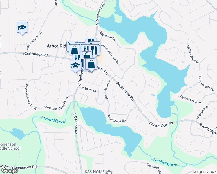 map of restaurants, bars, coffee shops, grocery stores, and more near 561 Woodstone Road in Lithonia