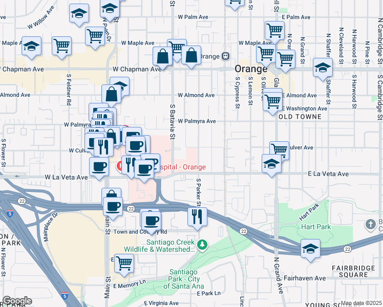 map of restaurants, bars, coffee shops, grocery stores, and more near 805 West La Veta Avenue in Orange