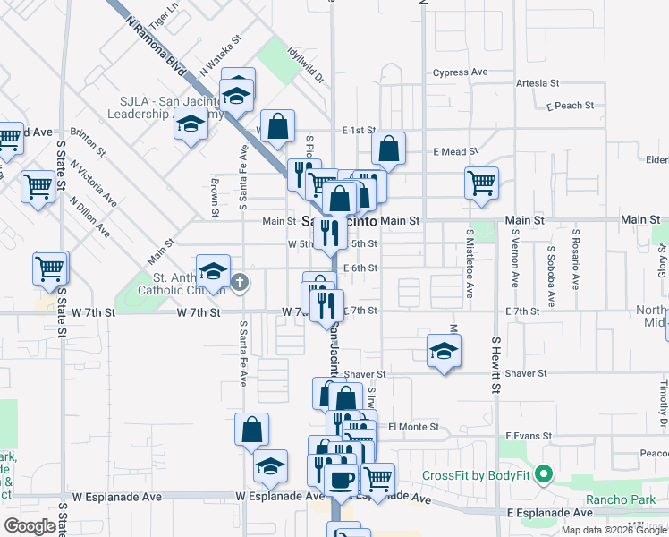 map of restaurants, bars, coffee shops, grocery stores, and more near 2 West 6th Street in San Jacinto