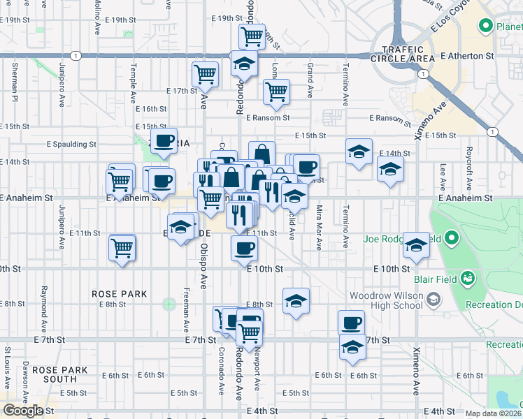 map of restaurants, bars, coffee shops, grocery stores, and more near 1190 Newport Avenue in Long Beach