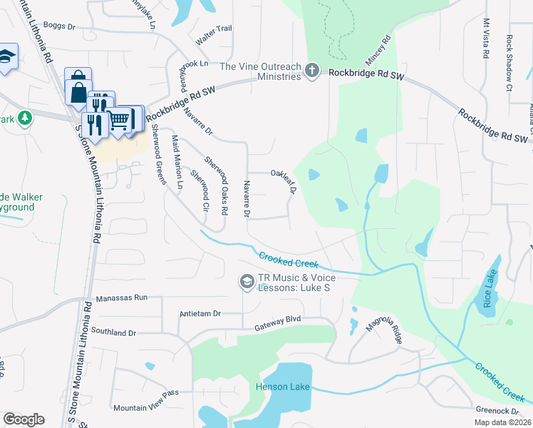 map of restaurants, bars, coffee shops, grocery stores, and more near 5808 Oakleaf Way in Stone Mountain