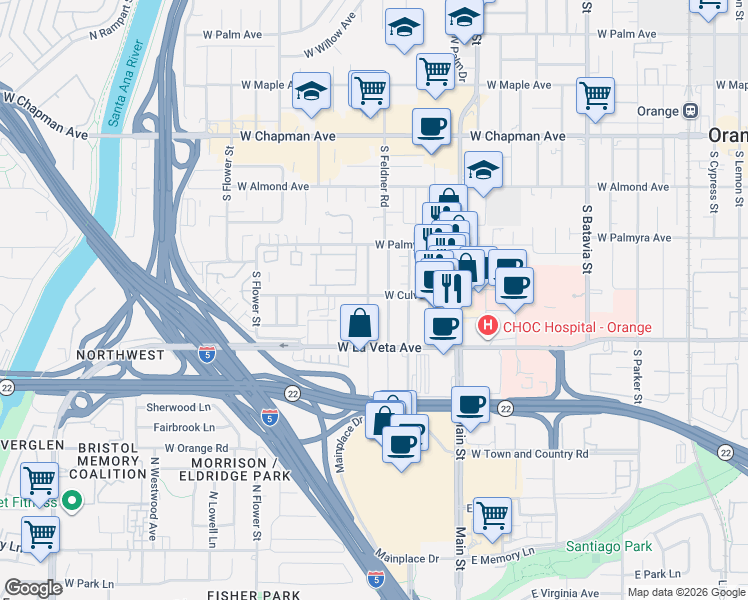 map of restaurants, bars, coffee shops, grocery stores, and more near 405 South Devon Road in Orange