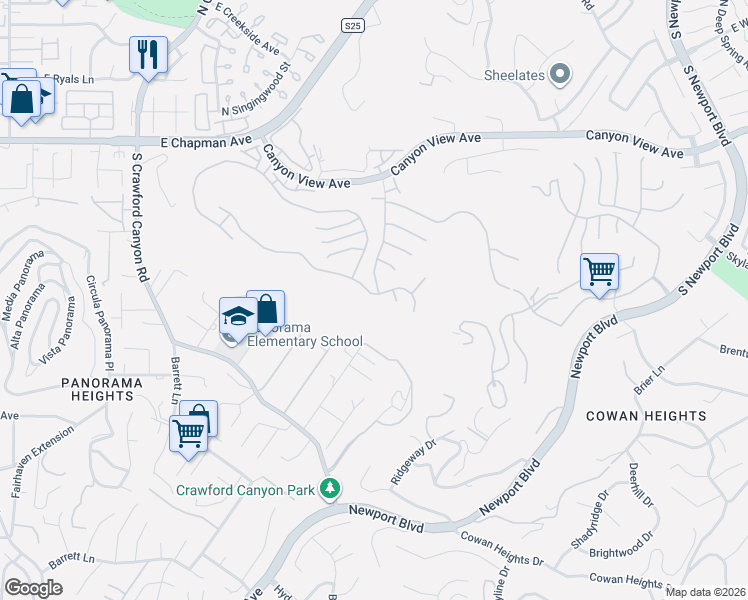 map of restaurants, bars, coffee shops, grocery stores, and more near 6322 East West View Drive in Orange