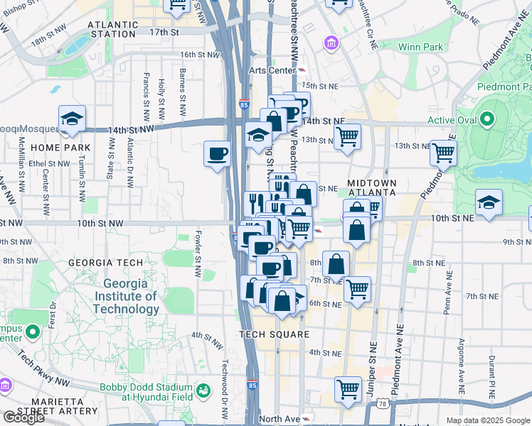 map of restaurants, bars, coffee shops, grocery stores, and more near in Atlanta