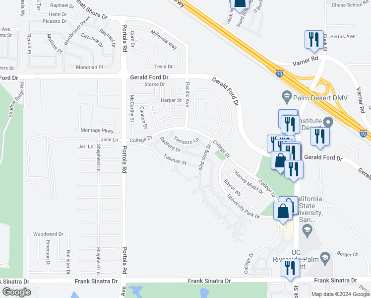map of restaurants, bars, coffee shops, grocery stores, and more near 75237 Buckley Drive in Palm Desert