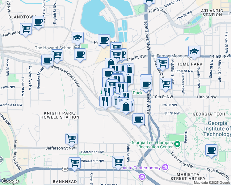 map of restaurants, bars, coffee shops, grocery stores, and more near 1016 Howell Mill Road in Atlanta