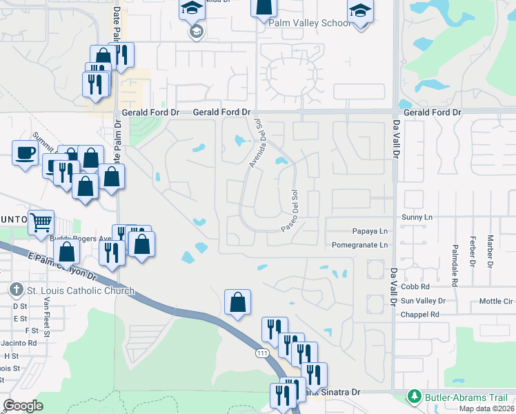 map of restaurants, bars, coffee shops, grocery stores, and more near 36716 Avenue Del Sol in Cathedral City