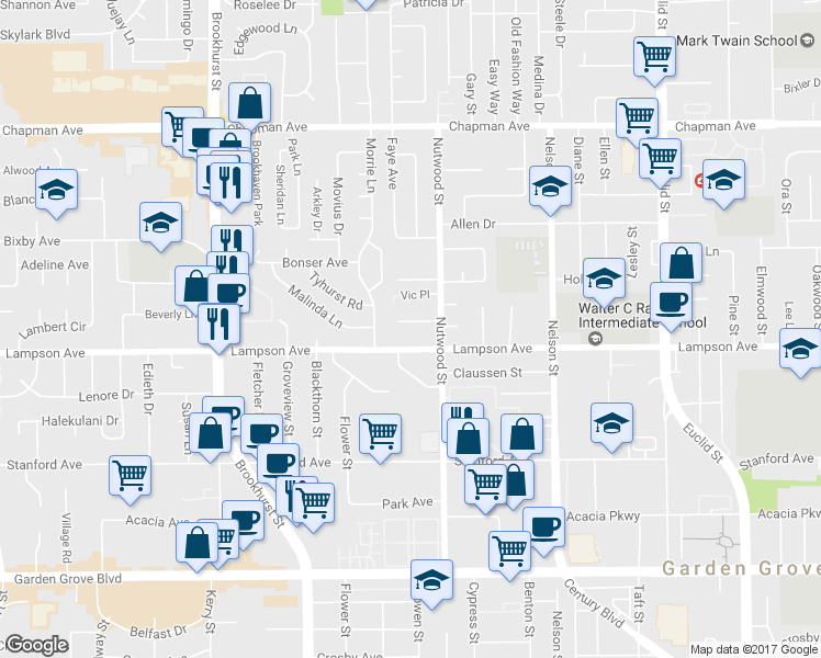 map of restaurants, bars, coffee shops, grocery stores, and more near 10402 Law Drive in Garden Grove