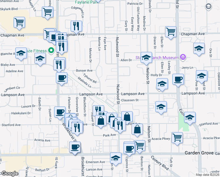 map of restaurants, bars, coffee shops, grocery stores, and more near 10402 Law Drive in Garden Grove