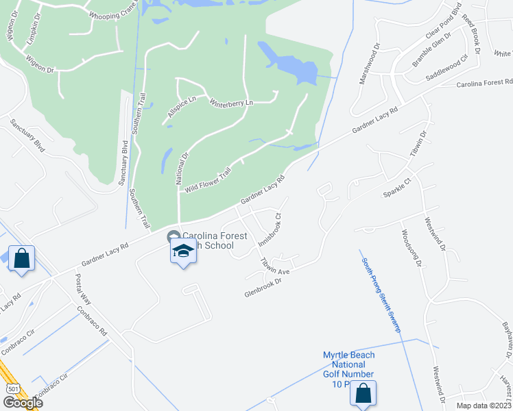 map of restaurants, bars, coffee shops, grocery stores, and more near 4850 Meadowsweet Drive in Myrtle Beach