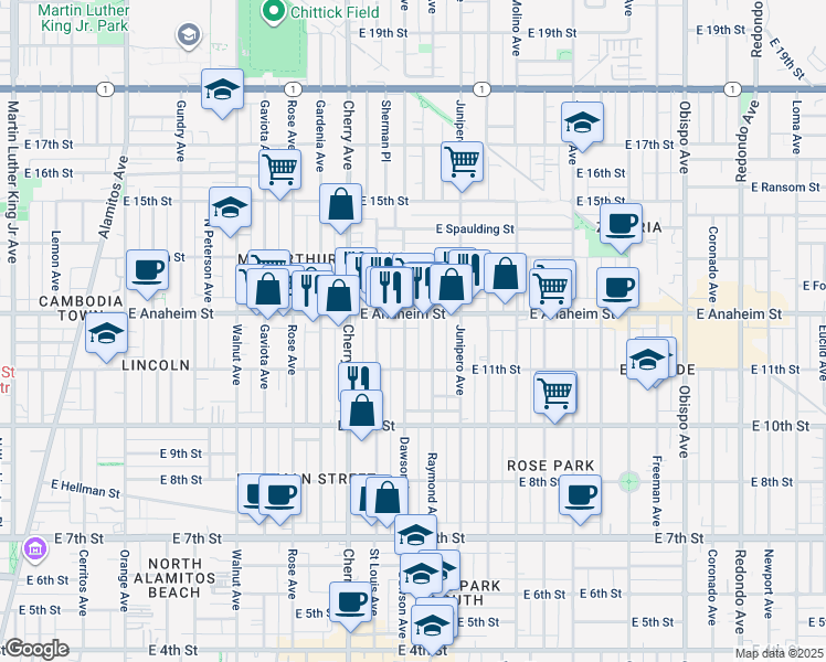 map of restaurants, bars, coffee shops, grocery stores, and more near 1240 Dawson Avenue in Long Beach