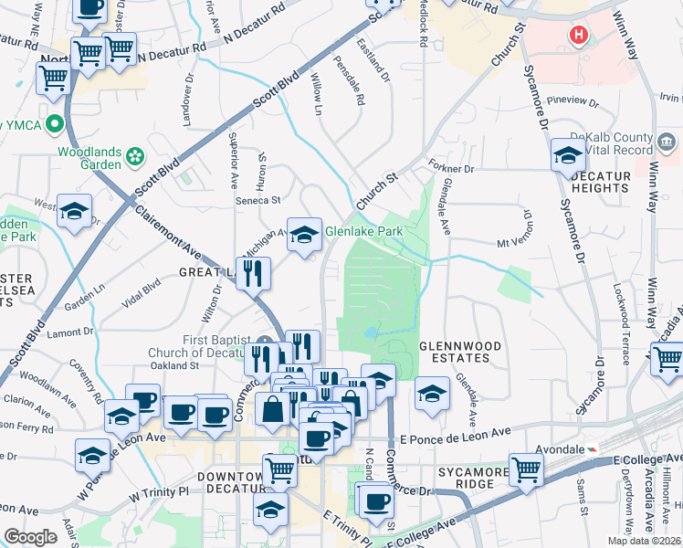 map of restaurants, bars, coffee shops, grocery stores, and more near 20 Candler Grove Drive in Decatur