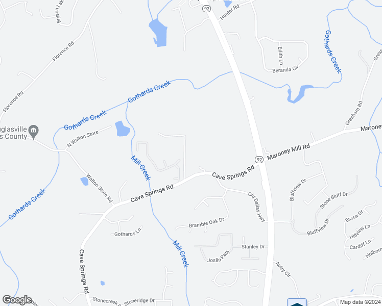 map of restaurants, bars, coffee shops, grocery stores, and more near 5570 Cave Springs Road in Douglasville