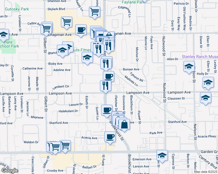 map of restaurants, bars, coffee shops, grocery stores, and more near in Garden Grove