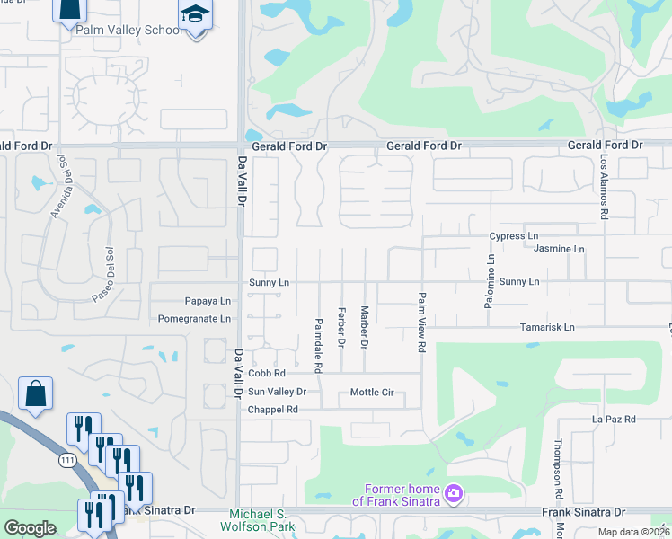 map of restaurants, bars, coffee shops, grocery stores, and more near 36771 Ferber Drive in Rancho Mirage