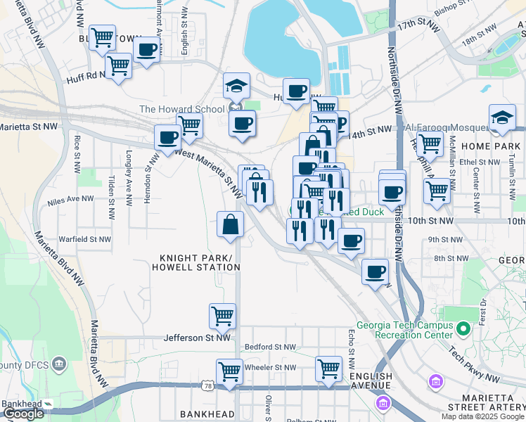 map of restaurants, bars, coffee shops, grocery stores, and more near 887 West Marietta Street Northwest in Atlanta