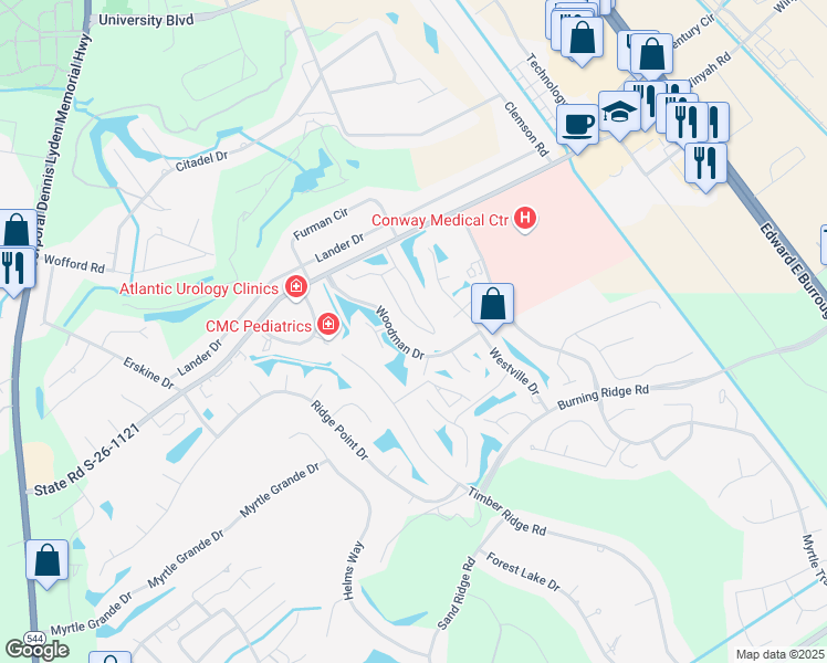 map of restaurants, bars, coffee shops, grocery stores, and more near 340 Myrtle Greens Drive in Conway