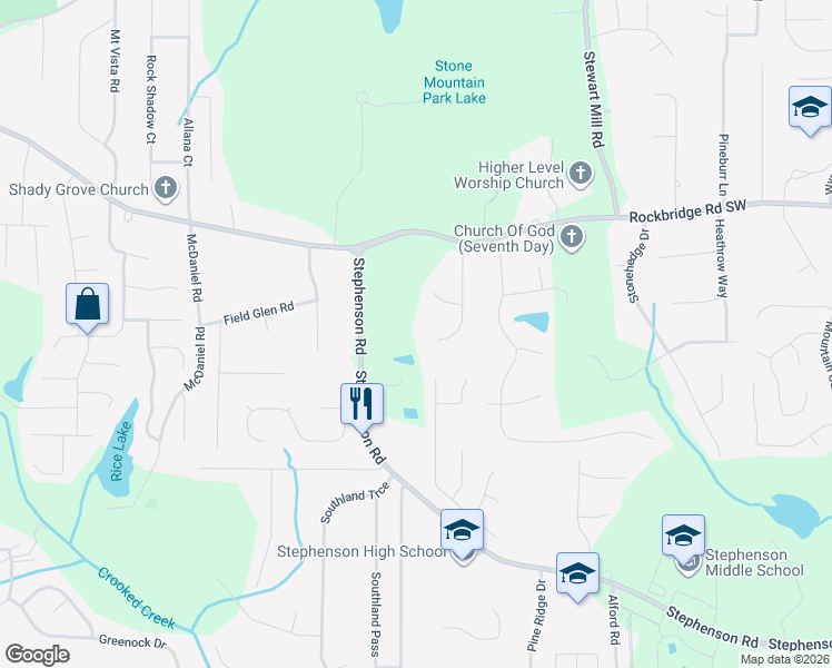 map of restaurants, bars, coffee shops, grocery stores, and more near 568 Lynn Valley Way in Stone Mountain
