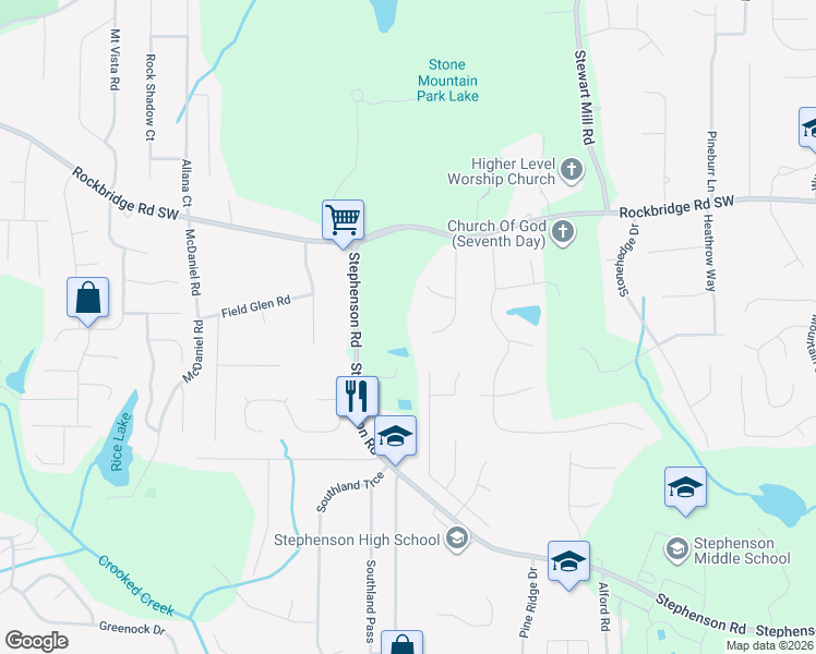 map of restaurants, bars, coffee shops, grocery stores, and more near 568 Lynn Valley Way in Stone Mountain