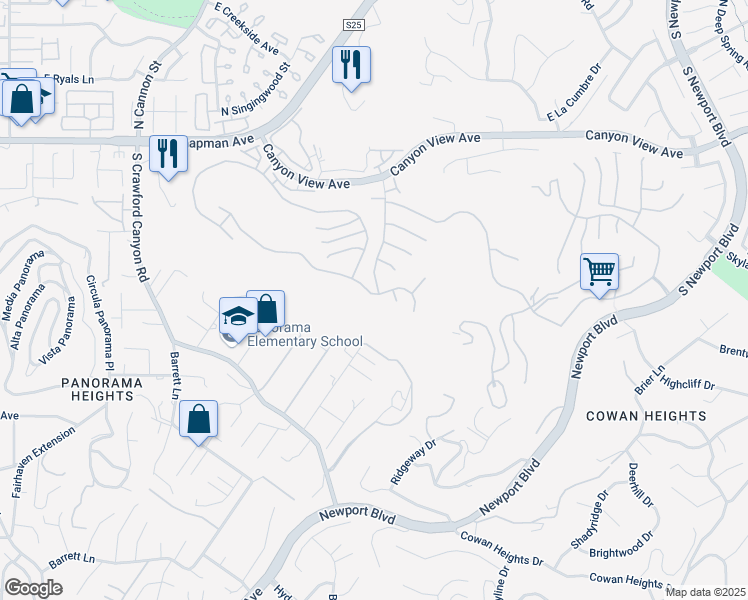 map of restaurants, bars, coffee shops, grocery stores, and more near 6322 East West View Drive in Orange
