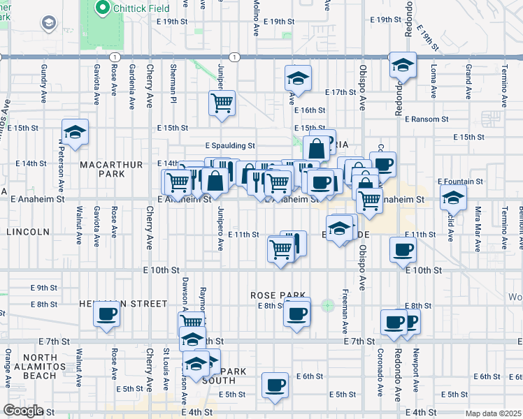 map of restaurants, bars, coffee shops, grocery stores, and more near 1214 Molino Avenue in Long Beach