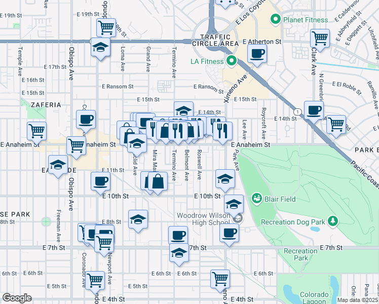 map of restaurants, bars, coffee shops, grocery stores, and more near 1220 Belmont Avenue in Long Beach