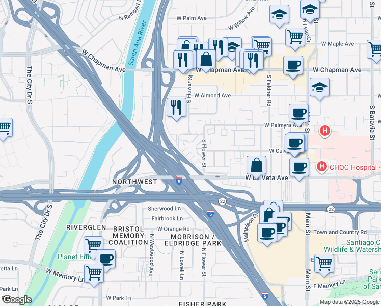 map of restaurants, bars, coffee shops, grocery stores, and more near 400 South Flower Street in Orange