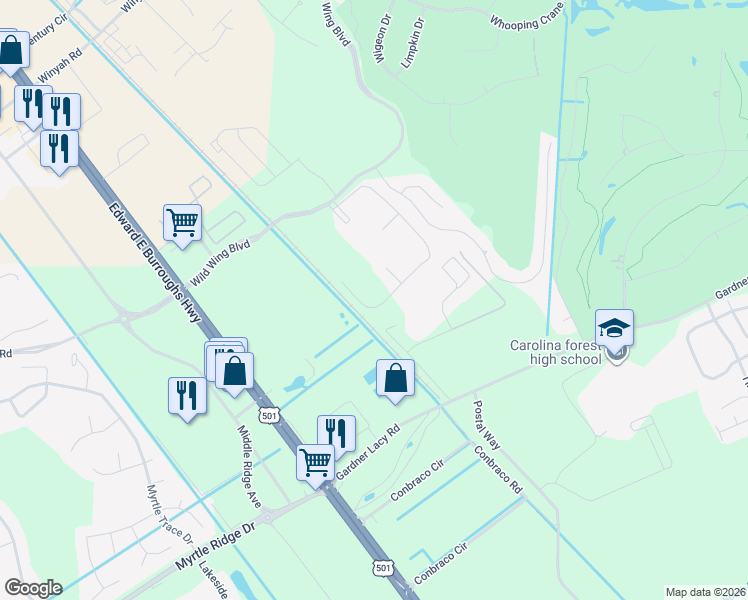 map of restaurants, bars, coffee shops, grocery stores, and more near 348 Wildwing Boulevard in Conway