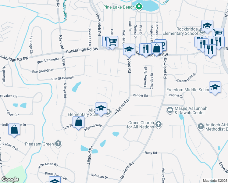 map of restaurants, bars, coffee shops, grocery stores, and more near 586 Woodcrest Manor Dr in Stone Mountain