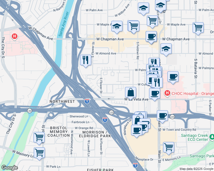 map of restaurants, bars, coffee shops, grocery stores, and more near South Plum Lane in Orange