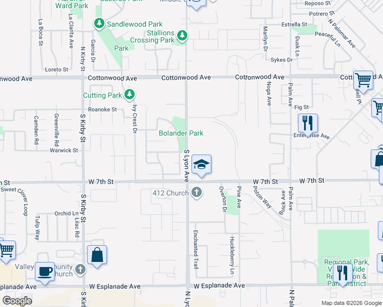 map of restaurants, bars, coffee shops, grocery stores, and more near 551 South Lyon Avenue in San Jacinto