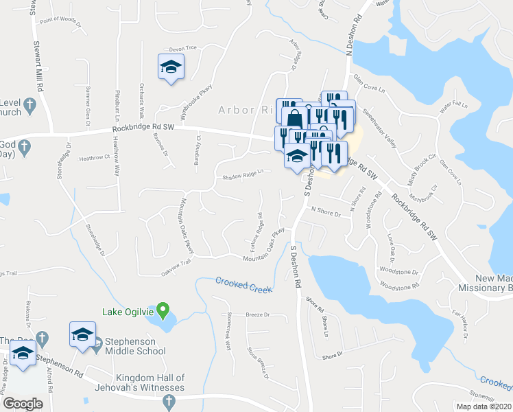 map of restaurants, bars, coffee shops, grocery stores, and more near 531 Fortune Ridge Road in Stone Mountain