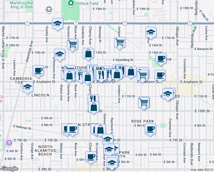 map of restaurants, bars, coffee shops, grocery stores, and more near 1240 Dawson Avenue in Long Beach