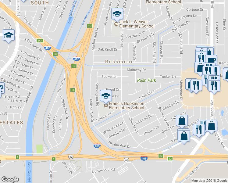 map of restaurants, bars, coffee shops, grocery stores, and more near 2762 Engel Drive in Los Alamitos