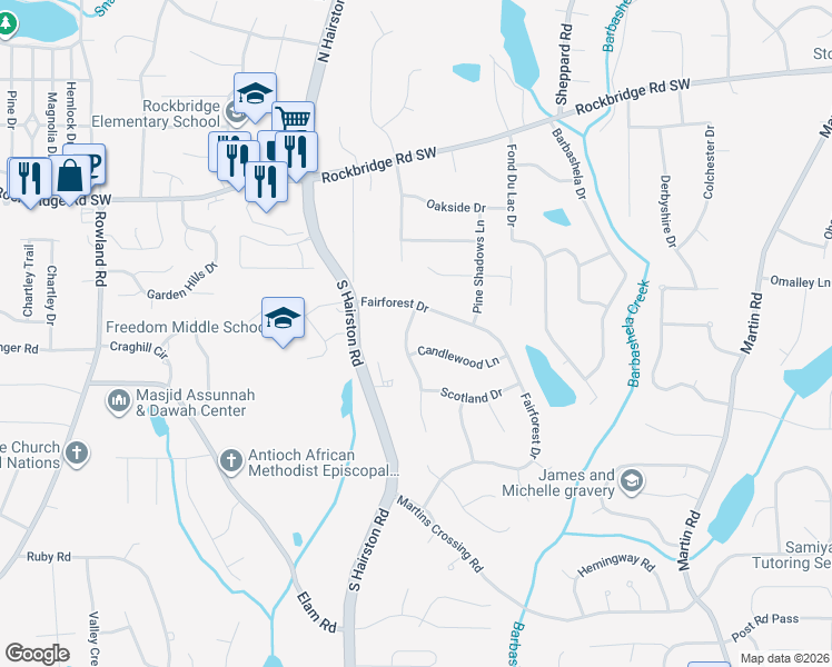 map of restaurants, bars, coffee shops, grocery stores, and more near 546 Candlewood Drive in Stone Mountain