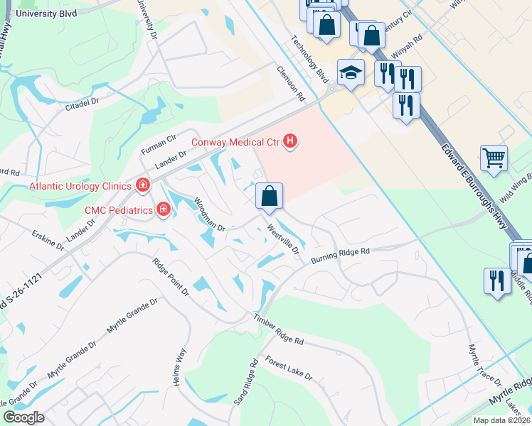 map of restaurants, bars, coffee shops, grocery stores, and more near 156 Westville Drive in Conway