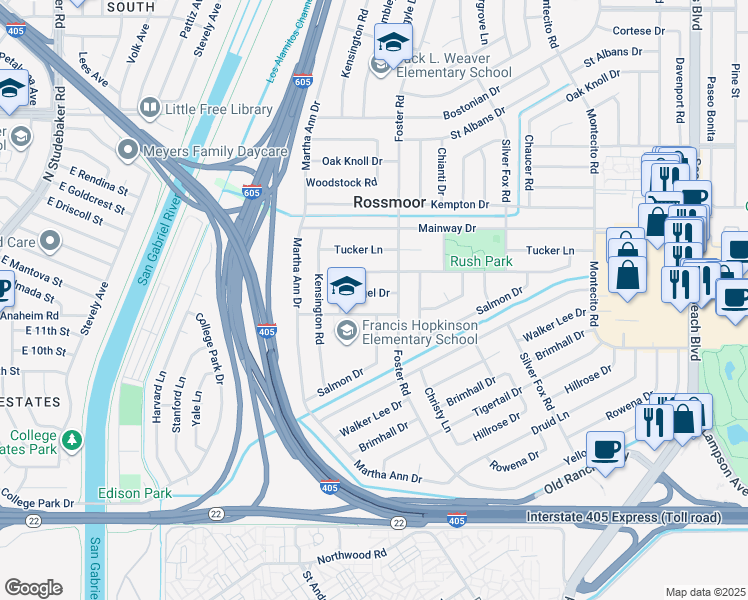 map of restaurants, bars, coffee shops, grocery stores, and more near 2762 Engel Drive in Los Alamitos