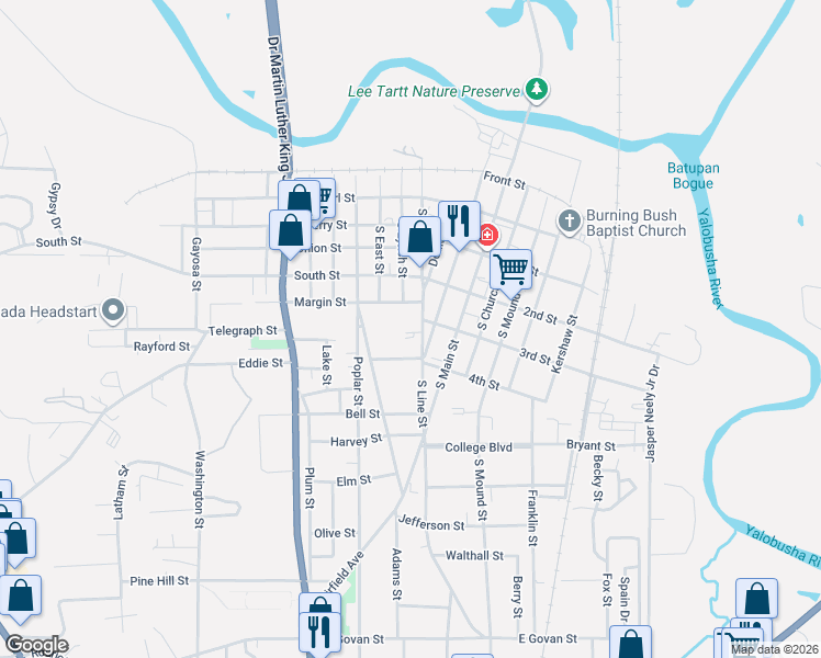 map of restaurants, bars, coffee shops, grocery stores, and more near 315 South Line Street in Grenada