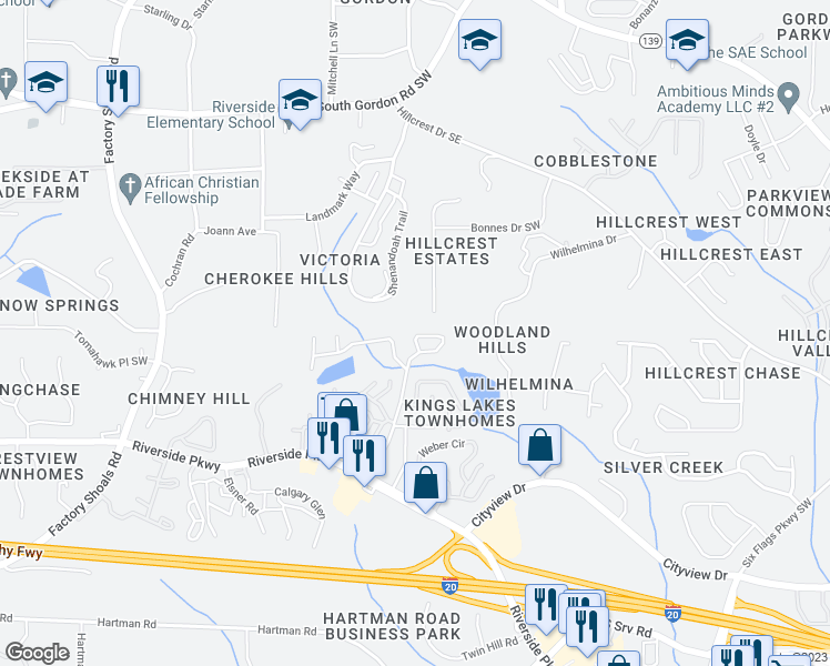 map of restaurants, bars, coffee shops, grocery stores, and more near 6964 Oakhill Circle in Austell