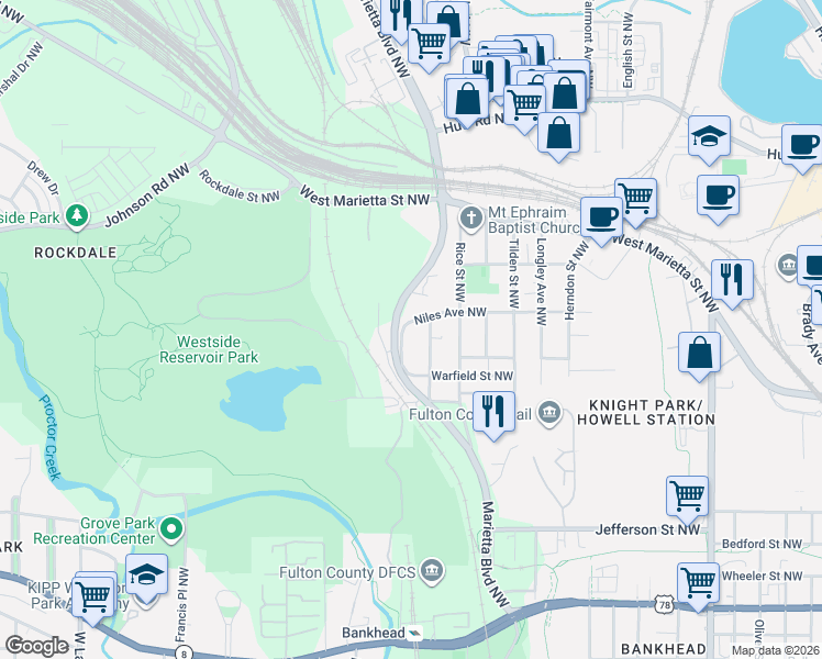 map of restaurants, bars, coffee shops, grocery stores, and more near 1304 Niles Avenue Northwest in Atlanta