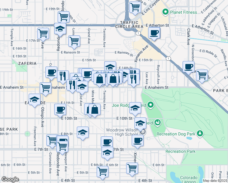 map of restaurants, bars, coffee shops, grocery stores, and more near 1220 Belmont Avenue in Long Beach