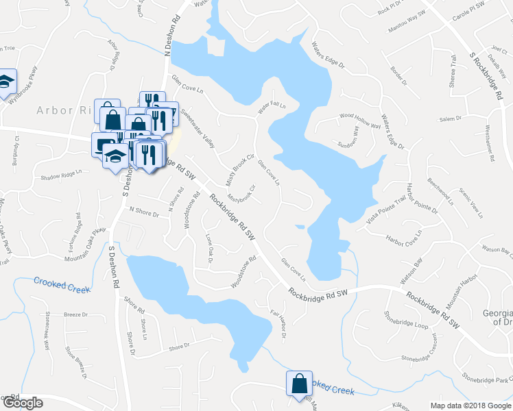 map of restaurants, bars, coffee shops, grocery stores, and more near 7291 Lake Run Circle in Stone Mountain