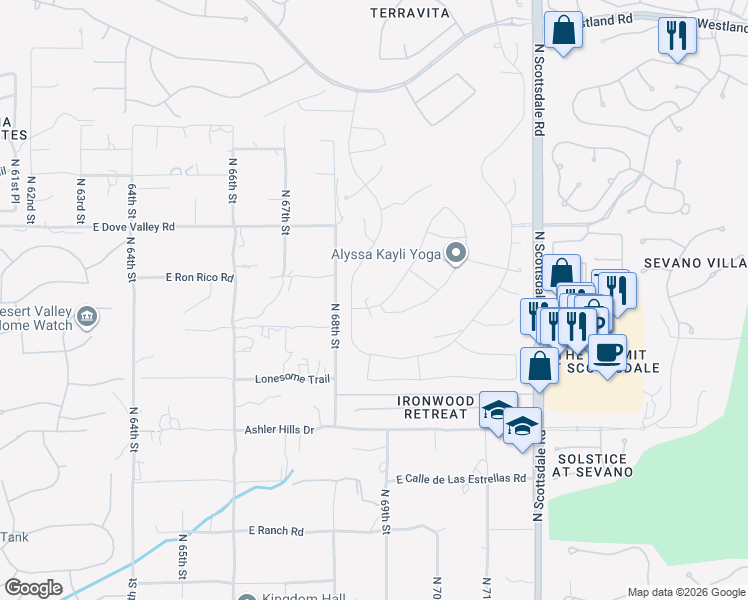 map of restaurants, bars, coffee shops, grocery stores, and more near 32619 North 70th Street in Scottsdale